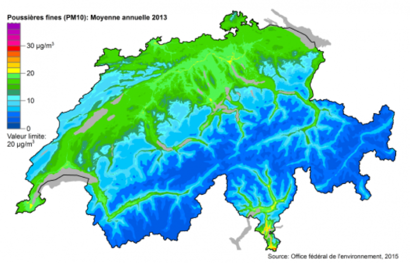 <i>Moyennes annuelles des poussi&egrave;res fines en 2014. Tu peux observer l&rsquo;&eacute;volution des valeurs au cours des 25 derni&egrave;res ann&eacute;es sur le <a href= "http://www.bafu.admin.ch/luft/luftbelastung/schadstoffkarten/feinstaub/index.html?lang=fr">site de l'Office f&eacute;d&eacute;ral de l'environnement (OFEV).</a></i>